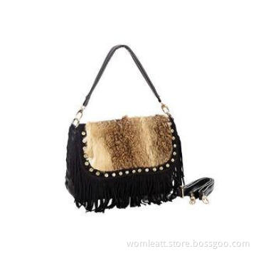 Ladies Black Rabbit Fur Handbags with Crystal Rivets and Su